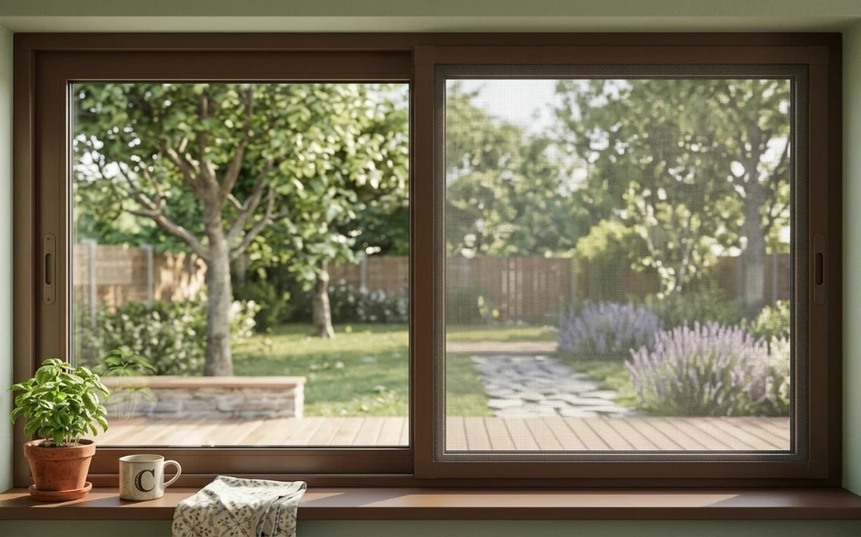 Mosquitera corredera marrón de aluminio con malla de fibra de vidrio instalada en ventana