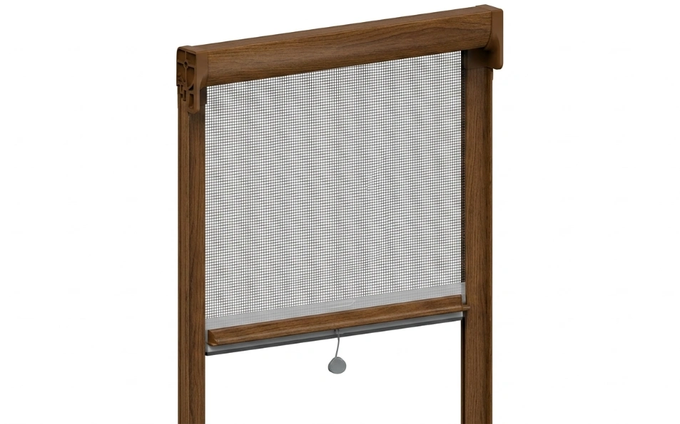 Mosquitera enrollable marrón antiviento Fast50 a medida Mosquitera enrollable marrón Fast50 antiviento instalada en ventana