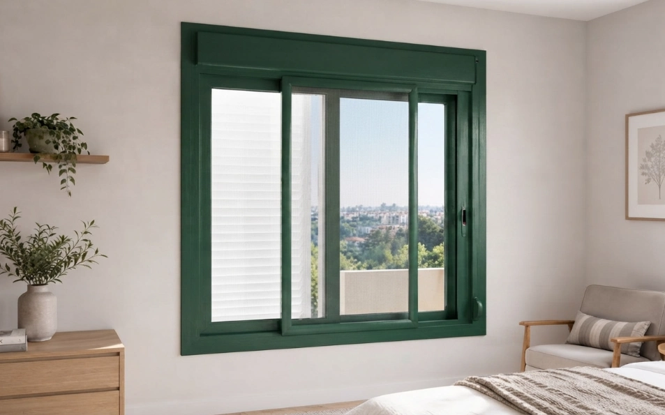 Perfil de mosquitera premium verde con malla tecnica de alta visibilidad