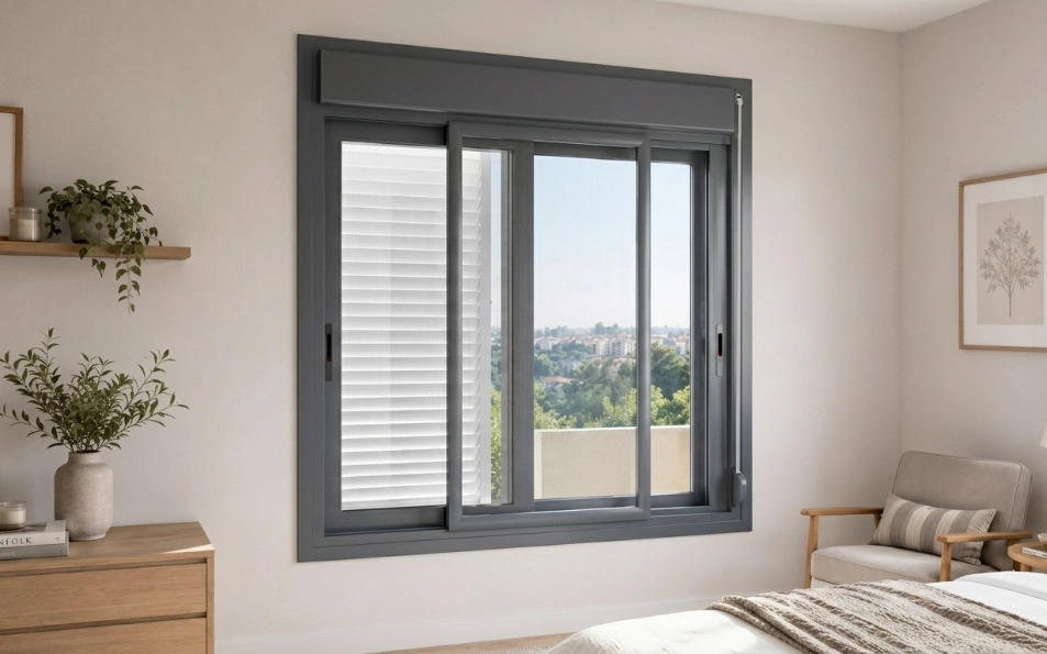 Mosquitera corredera gris Premium con rodamiento suave otra web Detalle de mosquitera corredera Premium con perfil gris y tela de fibra de vidrio
