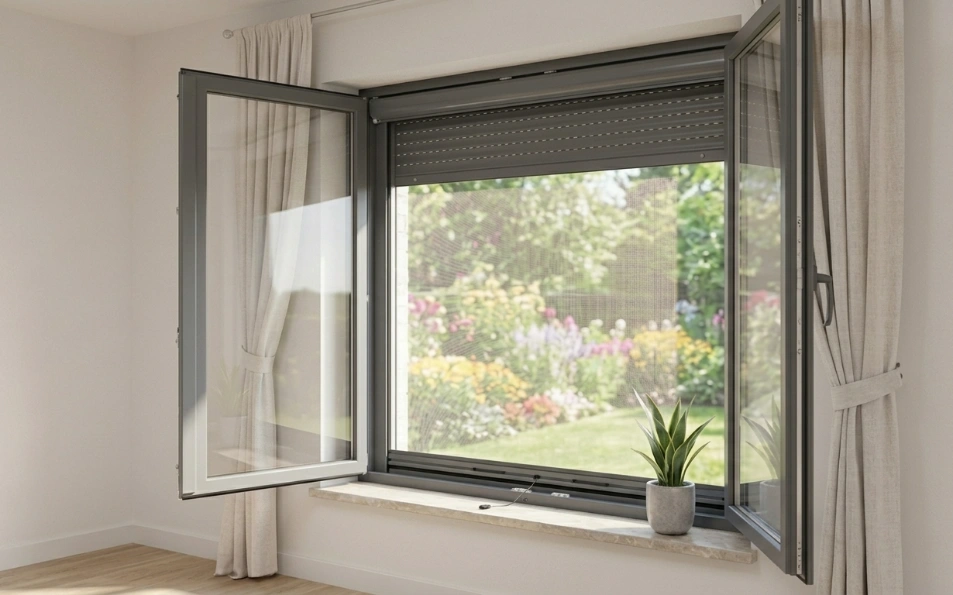 Mosquitera enrollable antipolen gris para ventanas con cabezal de 39 mm otra web Mosquitera enrollable antipolen con perfilado gris instalada en ventana