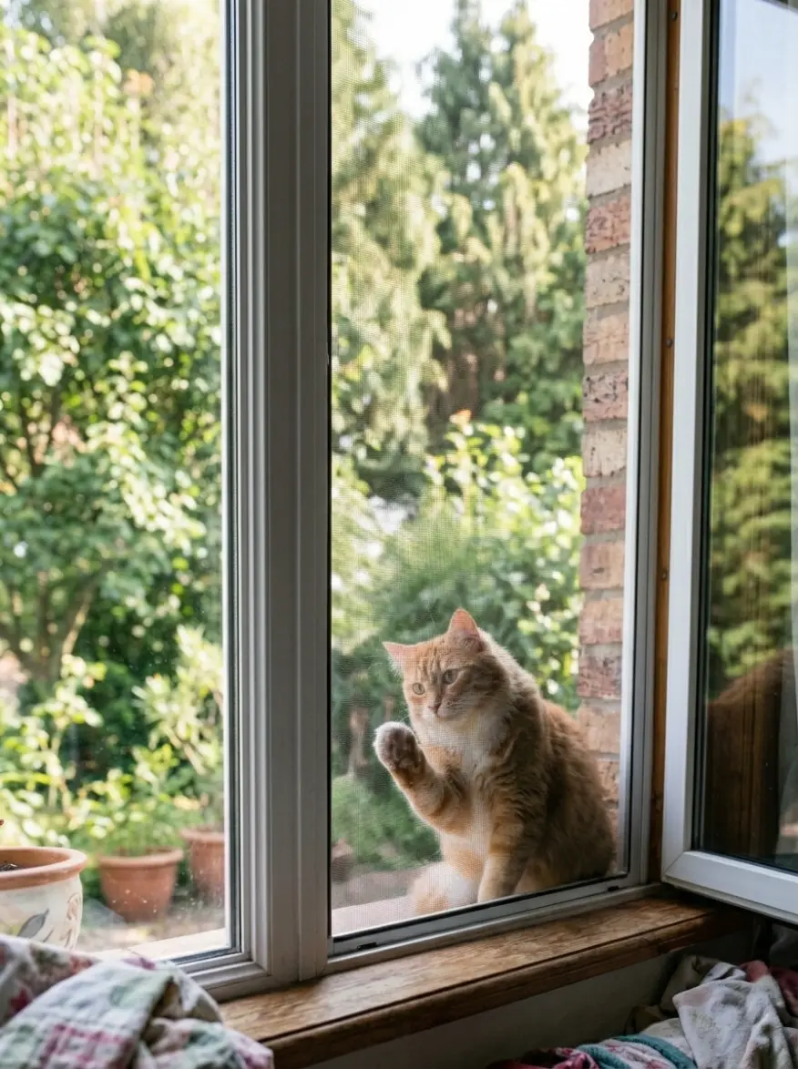 Gato junto a ventana con mosquitera corredera PetScreen