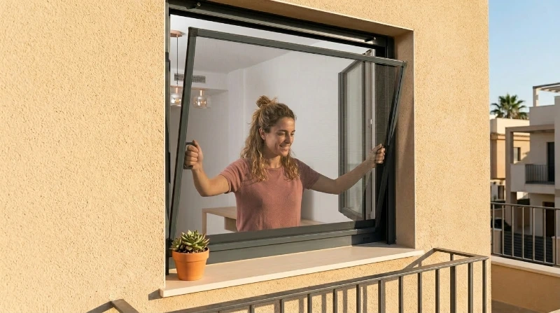 Proceso de instalación de mosquitera fija con ganchos para ventana de PVC