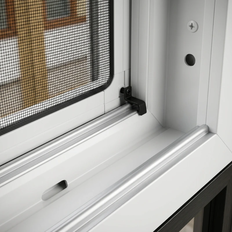 Detalle de los ganchos apoyados sobre el raíl de la ventana corredera