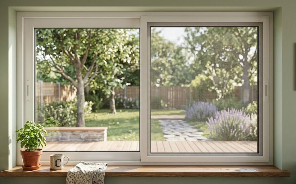 Mosquitera Corredera de Fibra de Vidrio para Ventanas color blanco Mosquitera corredera de aluminio blanco con malla gris instalada en ventana