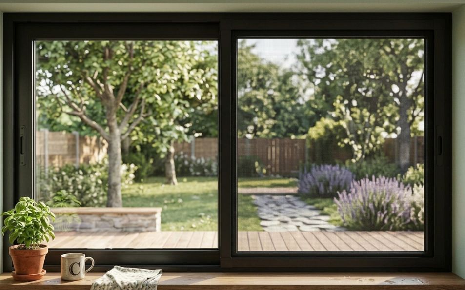 Mosquitera corredera de aluminio negro con malla gris instalada en ventana