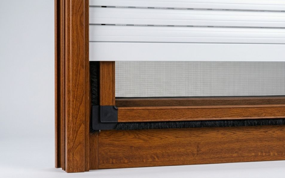 Gancho inferior de mosquitera fija sujeto al marco de una ventana de PVC - África