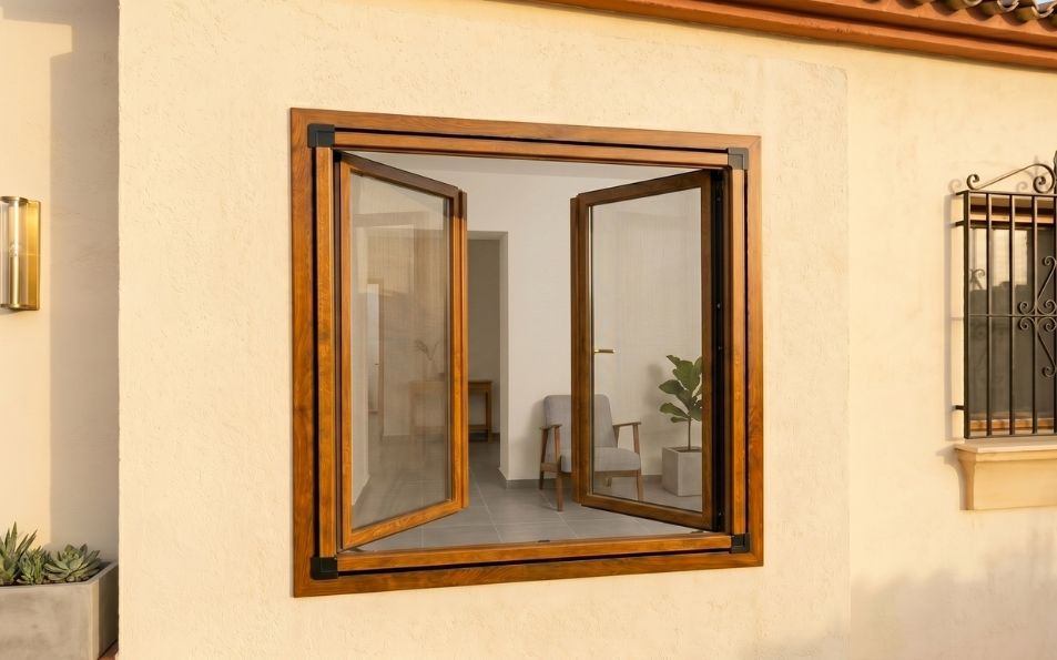 Mosquitera fija con ganchos instalada en ventana de PVC - África