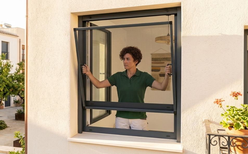 Instalación de una mosquitera fija con ganchos y malla negra en ventana abatible, sin perforar el marco