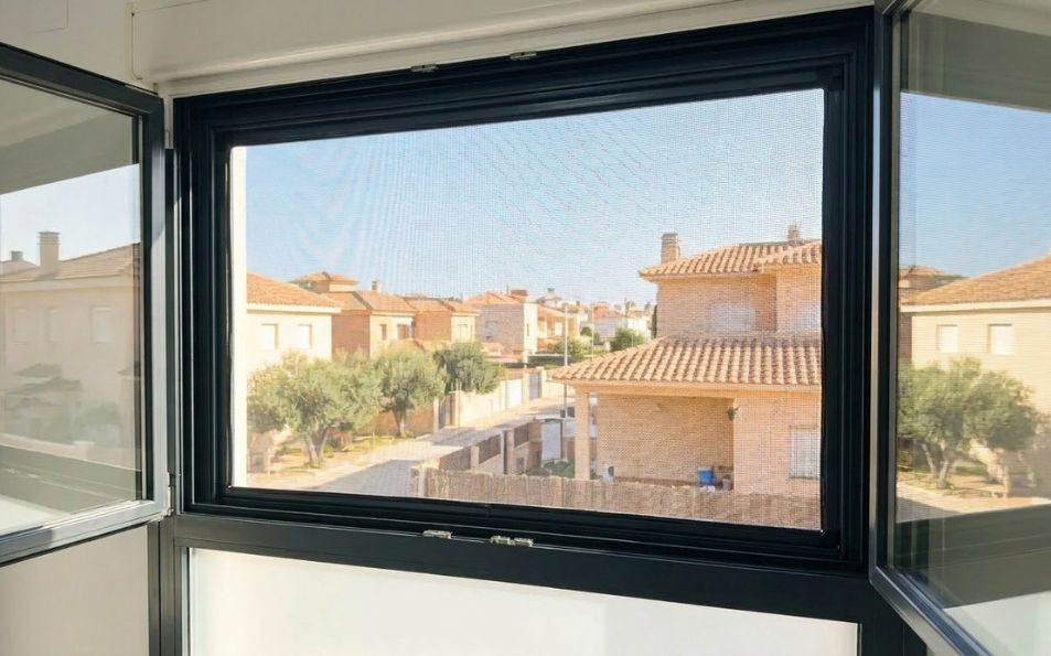 Mosquitera fija de malla negra colocada en ventana abatible de aluminio para evitar la entrada de insectos