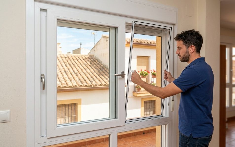 Mosquitera fija sin taladrar para ventana corredera de PVC con ganchos regulables y malla de fibra de vidrio