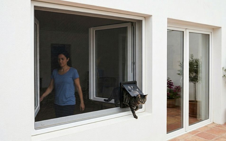 Mosquitera fija PetScreen a medida con gatera integrada para hogares con mascotas