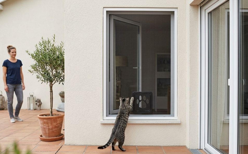 Detalle de mosquitera fija con malla PetScreen reforzada y gatera para gatos o perros pequeños