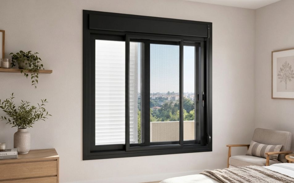 Perfil negro de mosquitera premium con malla técnica de alta visibilidad