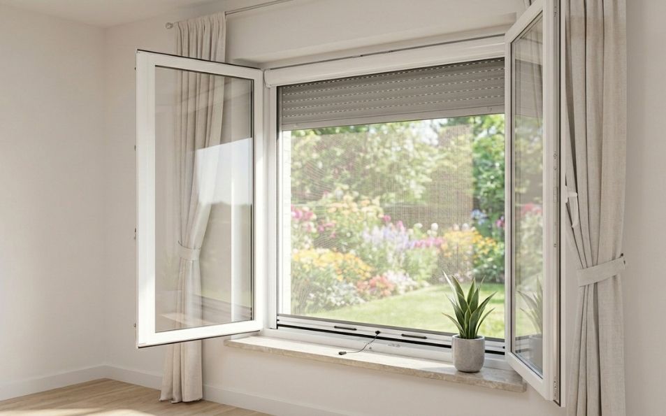 Mosquitera antipolen blanca enrollable para ventanas con malla certificada Mosquitera enrollable antipolen blanca instalada en ventana con tejido técnico oscuro